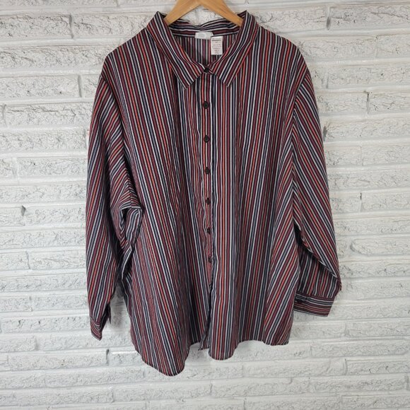 Roamans Womens Top 3X Plus Long Sleeve Button Up Black Red Stripe STR163E - Picture 1 of 8